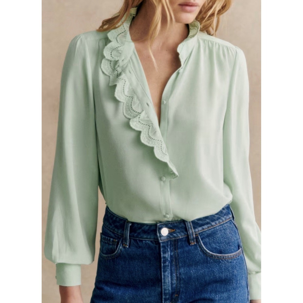 Sézane Chlo Shirt Ecru Green 100% Silk Ruffle Blouse FR 38 US 6
